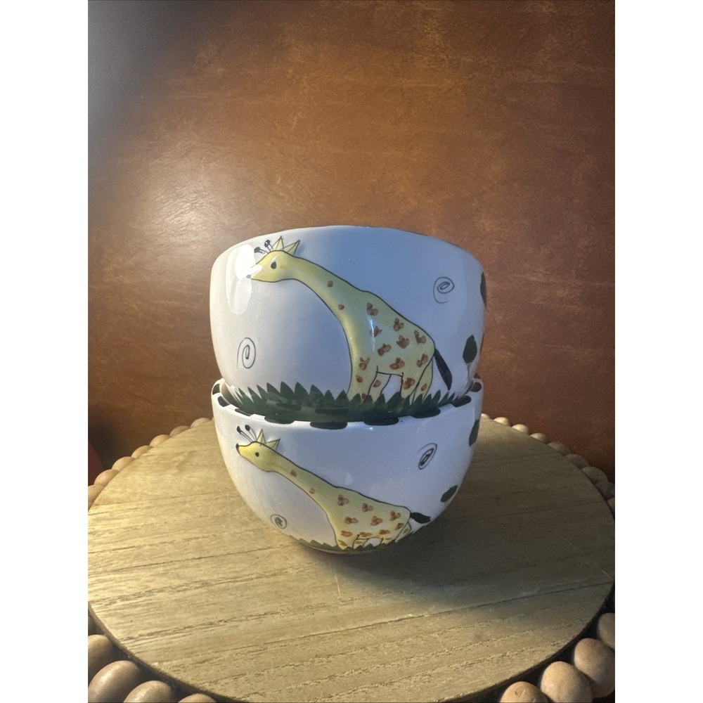Hand Painted 2 Crackle Glaze 5" Bowl With Giraffe And Whimsical Design